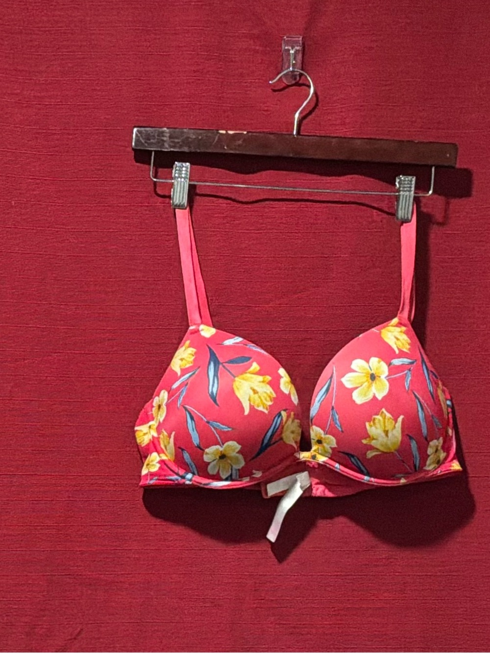PINK Victoria's Secret Coral Pink Floral Push-Up Bra with Yellow Flowers
